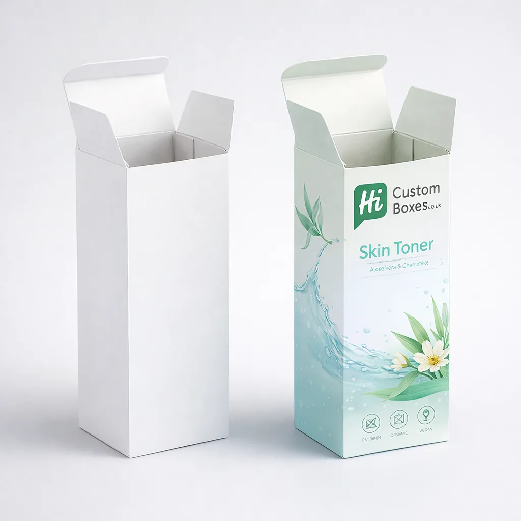 Two tall tuck-top boxes, one blank white and one featuring professional blue medical-style graphics.